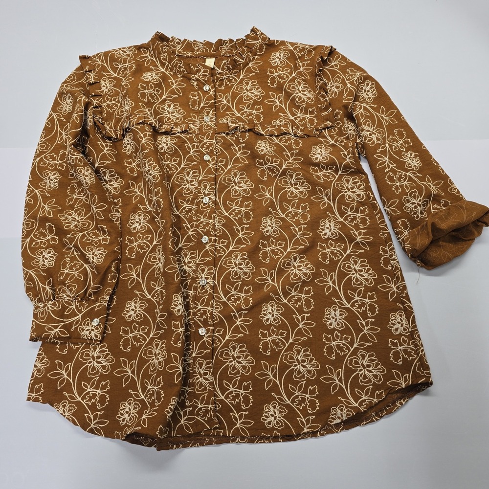ICHATO Brown Floral Ruffle Button Up Blouse Long Sleeve Women Top